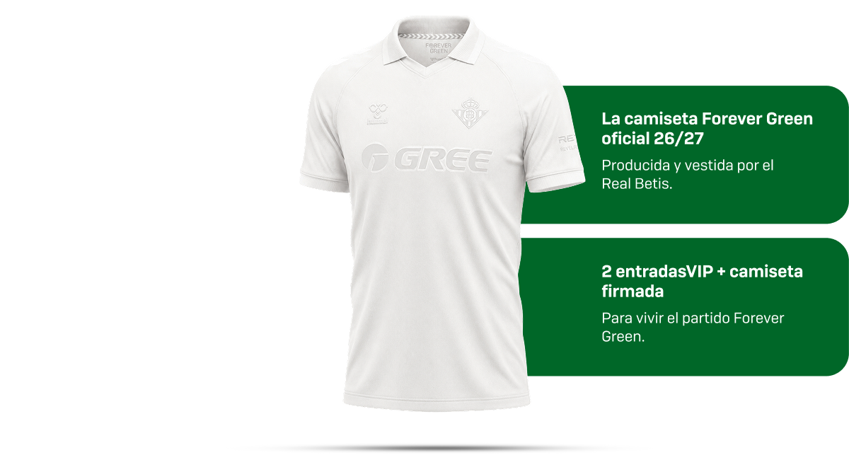 El premio: tu diseño, sobre el césped. El diseño ganador se convierte en la camiseta oficial Forever Green 26/27. Además: 2 entradas VIP para el partido y una camiseta firmada por el primer equipo.